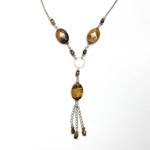 Tigers Eye Beaded Y Necklace Tassels Brown Silver Tone Chain 18"